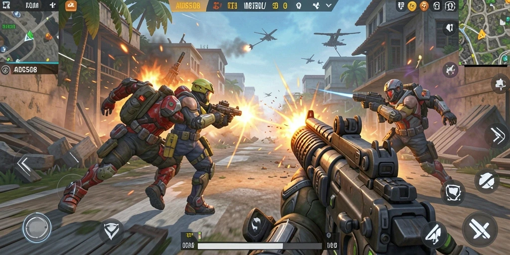 Screenshot menunjukkan pertempuran intens dalam gameplay TPS.