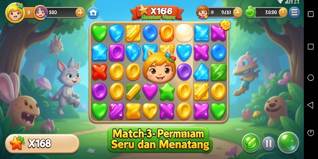 Tangkapan layar utama X168 menampilkan gameplay Match-3 yang seru dan menggugah selera.